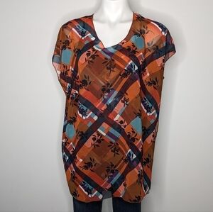 ✨3/$15 CAbi orange purple blue floral layered blouse S